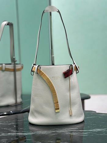 Prada Buckle Leather Bucket Bag With Jeweled Belt White 1BE085 - 26.5x29x18cm