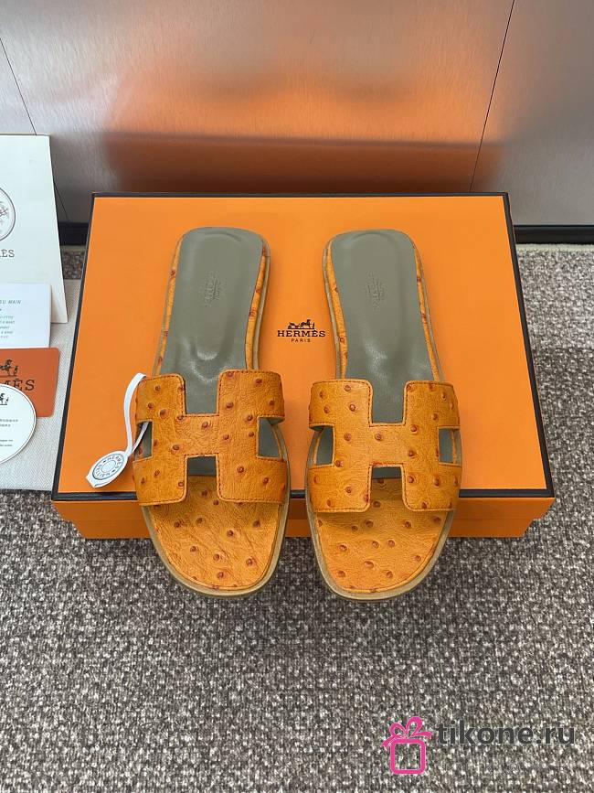 Hermes Oran Sandals Ostrich Leather In Orange - 1