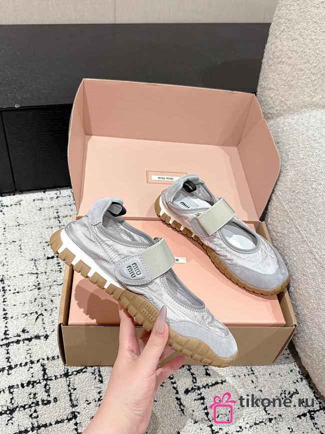 Miumiu Tyre Technical Fabric And Suede Ballerinas Cloudy Gray - 1