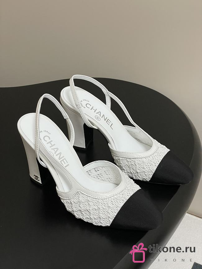 Chanel Slingbacks Embroidery Grosgrain White 9cm - 1