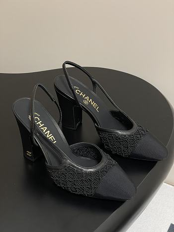 Chanel Slingbacks Embroidery Grosgrain Black 9cm