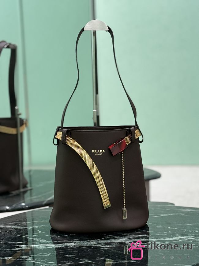 Prada Buckle Leather Bucket Bag With Jeweled Belt Dark Brown 1BE085 - 26.5x29x18cm - 1
