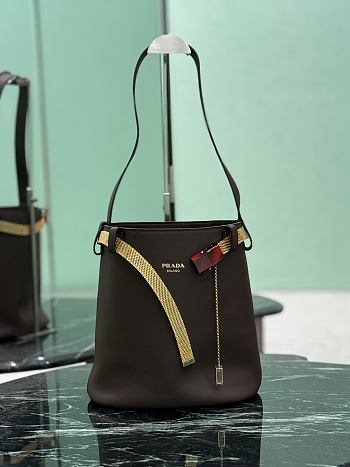 Prada Buckle Leather Bucket Bag With Jeweled Belt Dark Brown 1BE085 - 26.5x29x18cm