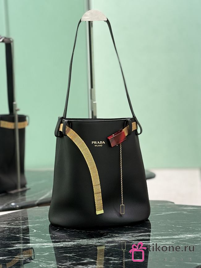Prada Buckle Leather Bucket Bag With Jeweled Belt Black 1BE085 - 26.5x29x18cm - 1