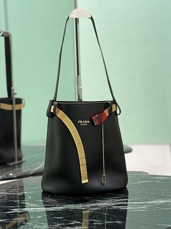 Prada Buckle Leather Bucket Bag With Jeweled Belt Black 1BE085 - 26.5x29x18cm