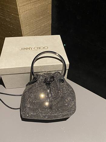 Jiimmy Choo Bon Bon Silver Satin Crystal Mesh Bag with Crystal Handle - 15x14x9.5cm