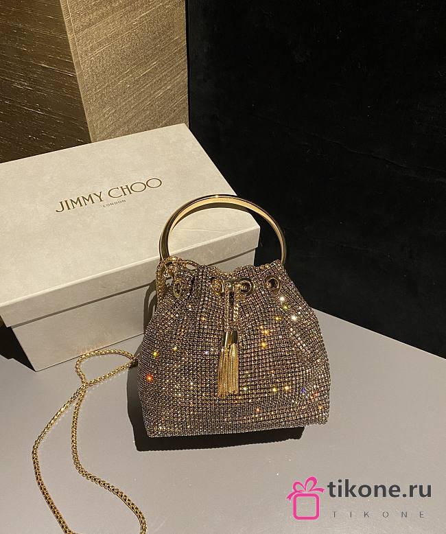 Jiimmy Choo Bon Bon Gold Satin Crystal Mesh Bag with Crystal Handle - 15x14x9.5cm - 1