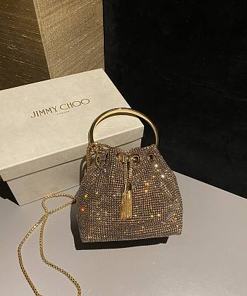 Jiimmy Choo Bon Bon Gold Satin Crystal Mesh Bag with Crystal Handle - 15x14x9.5cm
