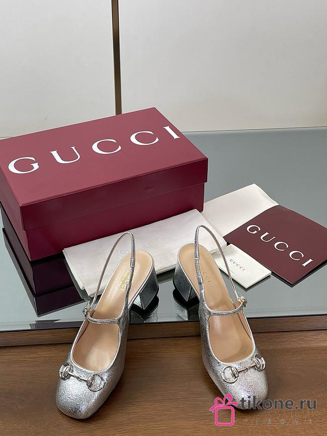 Gucci Women’s Horsebit Slingback Silver Metallic Leather 5.5cm - 1