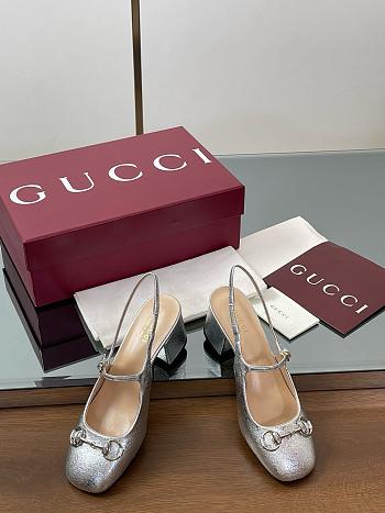 Gucci Women’s Horsebit Slingback Silver Metallic Leather 5.5cm