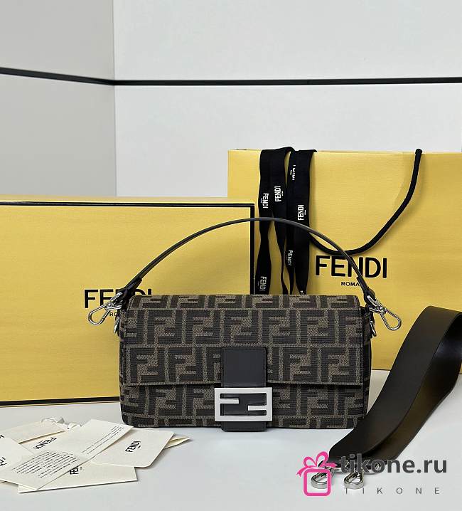 Fendi Baguette Brown FF Jacquard Fabric Bag Silver Hardware - 27x15x6cm - 1
