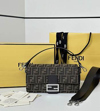 Fendi Baguette Brown FF Jacquard Fabric Bag Silver Hardware - 27x15x6cm