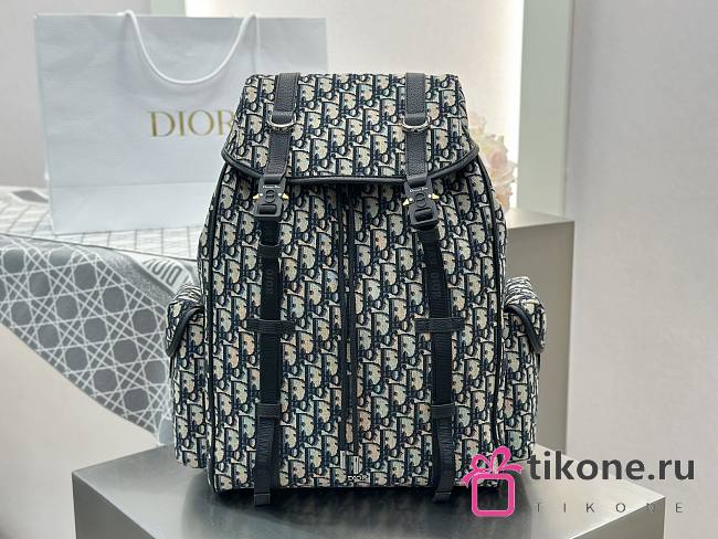 Dior Hit the Road Backpack with Flap Beige and Black Dior Oblique Jacquard with Black Grained Calfskin - 43x33x16cm - 1