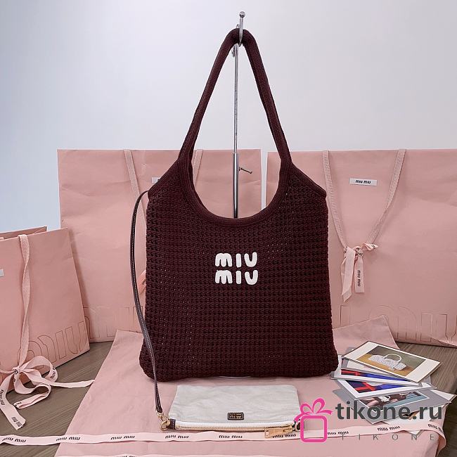 Miumiu Ivy Raffia Effect Woven Tote Bag 5BG231 Cocoa/Chalk White - 40x35cm - 1