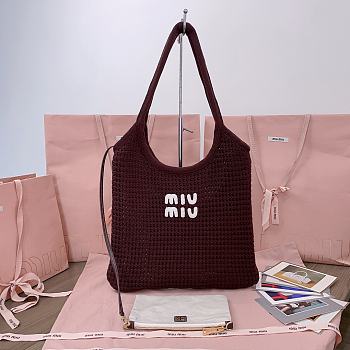 Miumiu Ivy Raffia Effect Woven Tote Bag 5BG231 Cocoa/Chalk White - 40x35cm