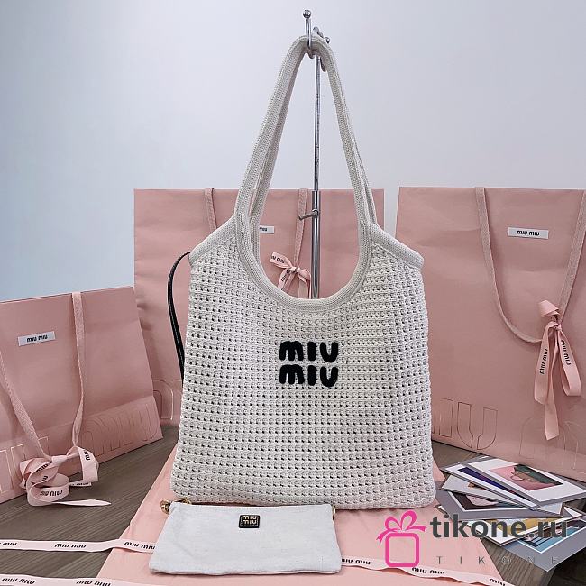 Miumiu Ivy Raffia Effect Woven Tote Bag 5BG231 Chalk White/Black - 40x35cm - 1