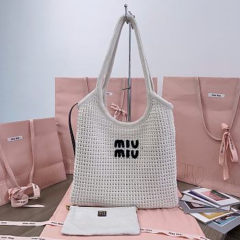 Miumiu Ivy Raffia Effect Woven Tote Bag 5BG231 Chalk White/Black - 40x35cm