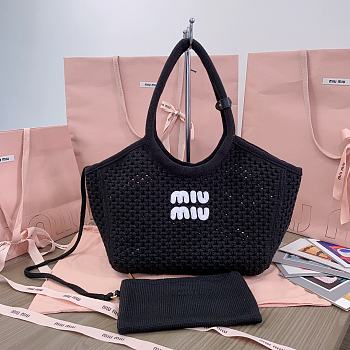 Miumiu Ivy Cotton Mesh Tote Bag 5BG281 Black/Chalk White - 28x26x12.5cm