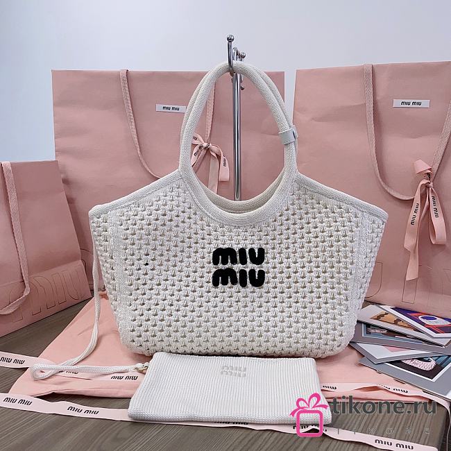 Miumiu Ivy Cotton Mesh Tote Bag 5BG281 Chalk White/Black - 28x26x12.5cm - 1