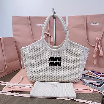 Miumiu Ivy Cotton Mesh Tote Bag 5BG281 Chalk White/Black - 28x26x12.5cm