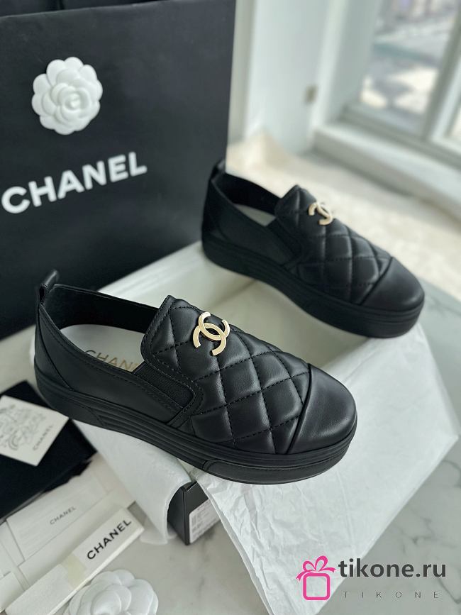 Chanel Quilted Logo Slip On Espadrille Sneakers Black - 1
