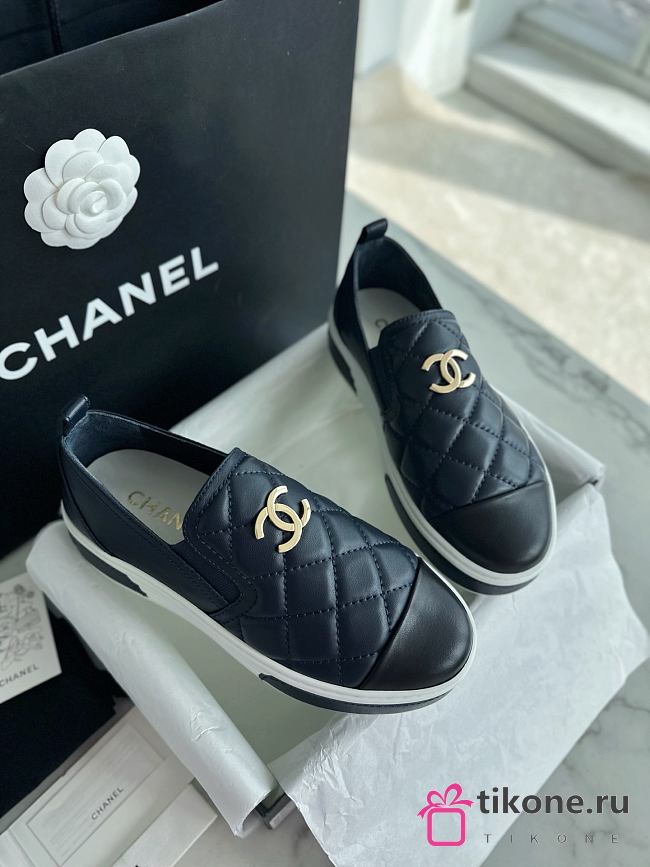 Chanel Quilted Logo Slip On Espadrille Sneakers Navy - 1
