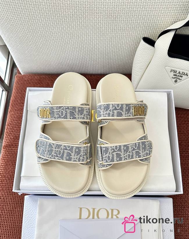 Dioract Slide Chambray Blue Jacquard with Ecru Dior Oblique Raffia - 1