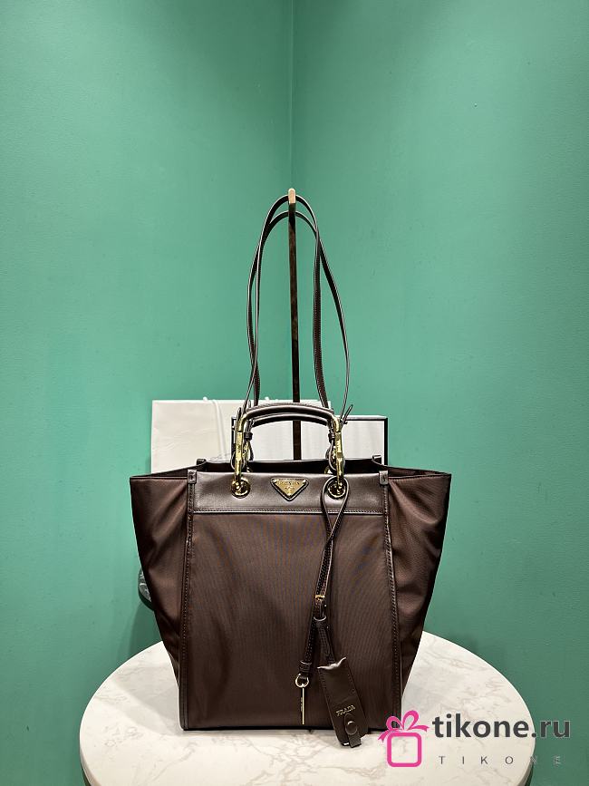Prada Medium Re-nylon And Leather Tote Bag 1BG578 Dark Brown - 28.5x23x15cm - 1