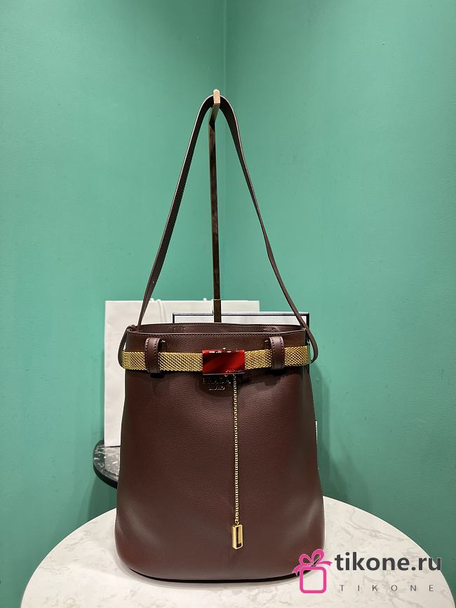 Prada Buckle Leather Bucket Bag With Jeweled Belt Brown 1BE085 - 26.5x29x18cm - 1