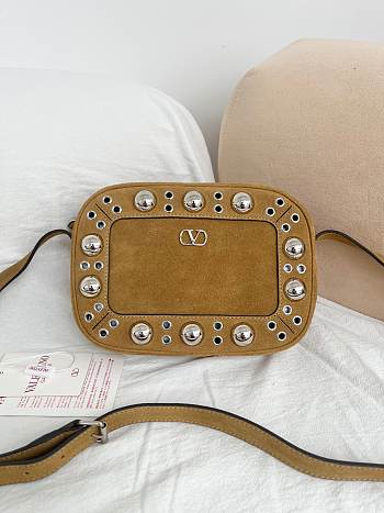 Valentino Garavani Nellcote Suede Shoulder Bag Beige - 23x16x6cm