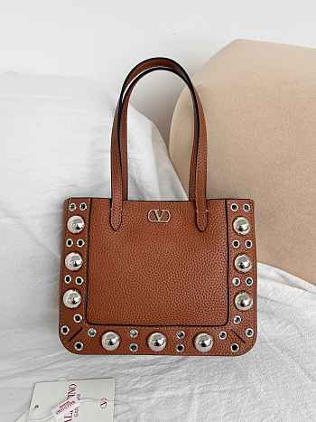 Valentino Garavani Nellcote Mini Grained Calfskin Shopping Bag Brown - 21x16x5cm