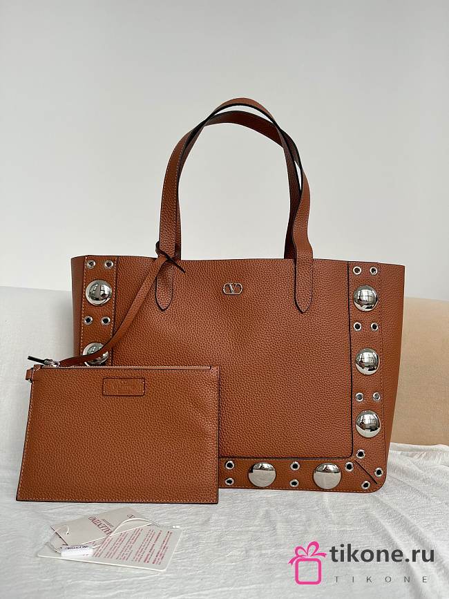 Valentino Garavani Nellcote Medium Grained Calfskin Shopping Bag Brown - 40x30x13cm - 1