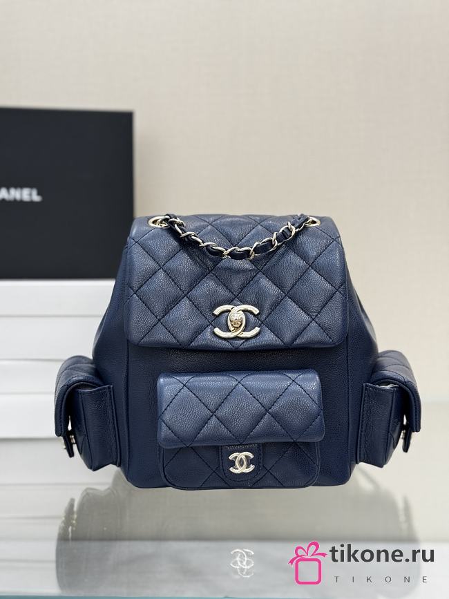 Chanel Grained Shiny Calfskin & Gold Tone Metal Backpack Navy - 21.5x19.5x12cm - 1