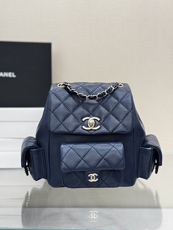 Chanel Grained Shiny Calfskin & Gold Tone Metal Backpack Navy - 21.5x19.5x12cm