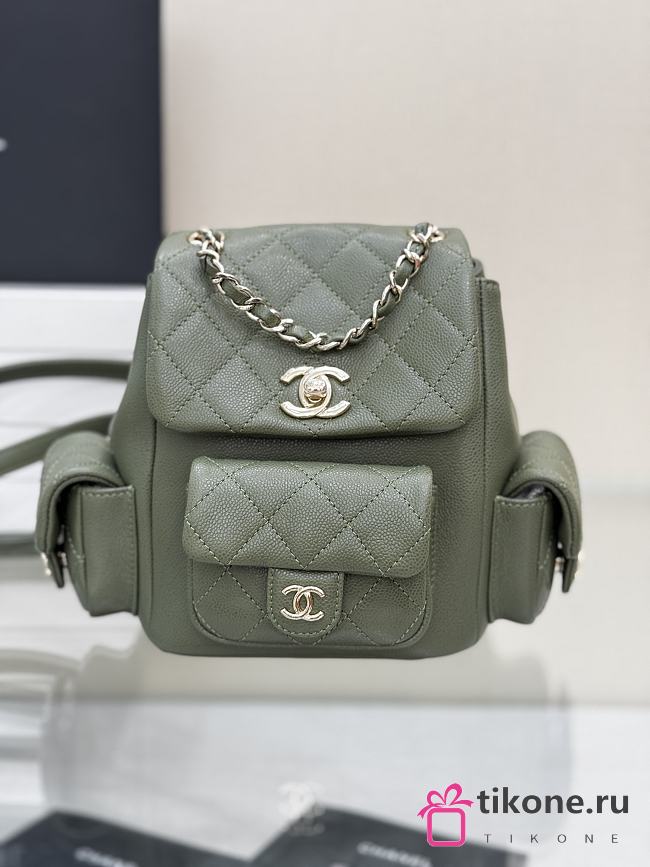 Chanel Grained Shiny Calfskin & Gold Tone Metal Backpack Khaki - 21.5x19.5x12cm - 1