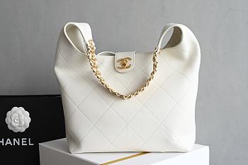 Chanel Large Hobo Bag Shiny Lambskin Gold Tone Metal White - 37x30x14cm