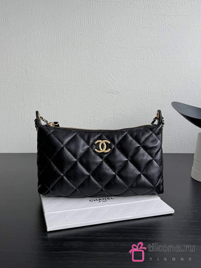 Chanel Hobo Handbag Calfskin Gold Tone Metal Black - 17x26x8.5cm - 1