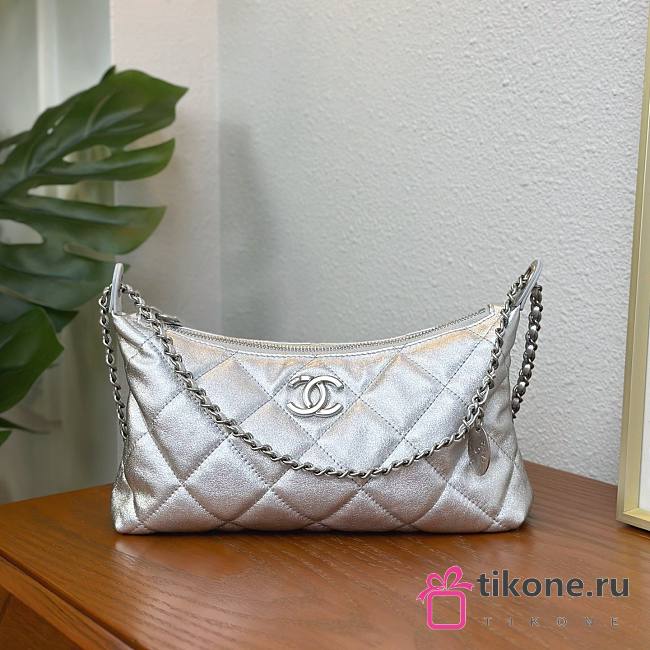 Chanel Hobo Handbag Metallic Calfskin Silver Tone Metal Silver - 17x26x8.5cm - 1