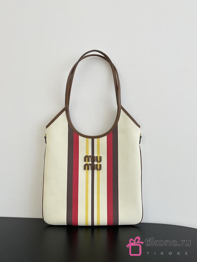 Miumiu Ivy Canvas And Leather Bag 5BG231 Beige/Dark Brown - 40x35cm - 1