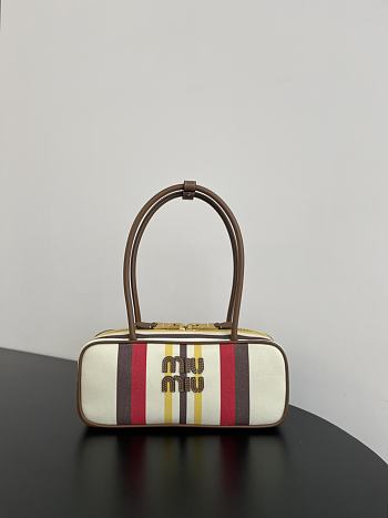Miumiu Beau Canvas And Leather Bag 5BB173 Beige/Dark Brown -28x11.5x8cm
