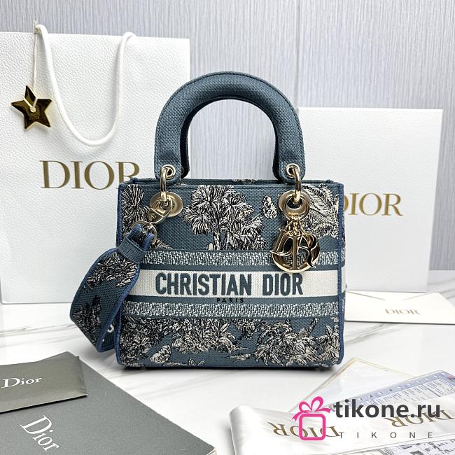 Dioriviera Medium Lady D-Lite Bag Celestial Blue and White Toile de Jouy Palms Embroidery - 24x20x11cm - 1