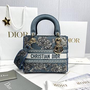 Dioriviera Medium Lady D-Lite Bag Celestial Blue and White Toile de Jouy Palms Embroidery - 24x20x11cm