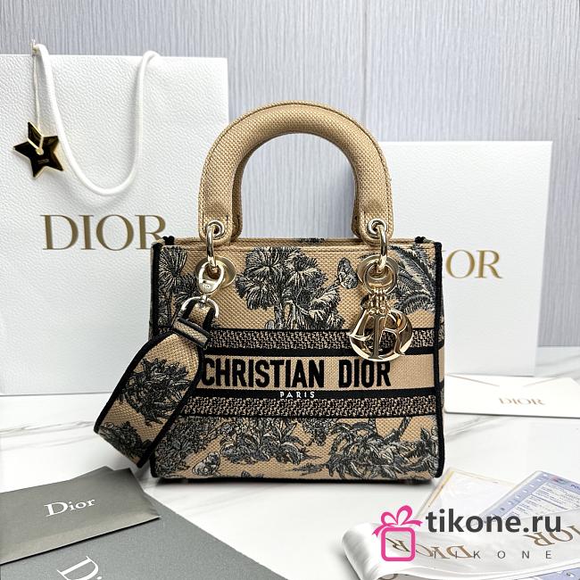 Dioriviera Medium Lady D-Lite Bag Beige and White Toile de Jouy Palms Embroidery - 24x20x11cm - 1