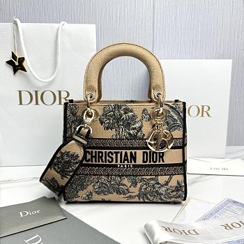 Dioriviera Medium Lady D-Lite Bag Beige and White Toile de Jouy Palms Embroidery - 24x20x11cm
