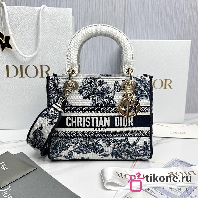 Dioriviera Medium Lady D-Lite Bag White and Blue Toile de Jouy Palms Embroidery - 24x20x11cm - 1