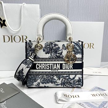 Dioriviera Medium Lady D-Lite Bag White and Blue Toile de Jouy Palms Embroidery - 24x20x11cm