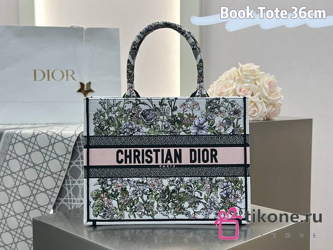 Medium Dior Book Tote White Pink Multicolor D-Floral Embroidery - 36.5x28x16.5cm - 1