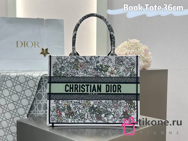 Medium Dior Book Tote White Green Multicolor D-Floral Embroidery - 36.5x28x16.5cm - 1