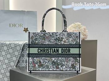 Medium Dior Book Tote White Green Multicolor D-Floral Embroidery - 36.5x28x16.5cm