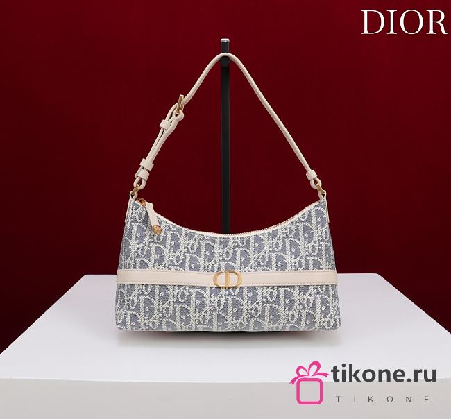 30 Montaigne Cigale Mini Bag Blue Dior Oblique Chambray with Raffia Effect and Light Biscuit Smooth Calfskin - 24x14x6.5cm - 1